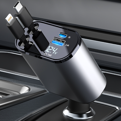 Car Multi-functional Charger:4-in-1 Retractable Charging Cable