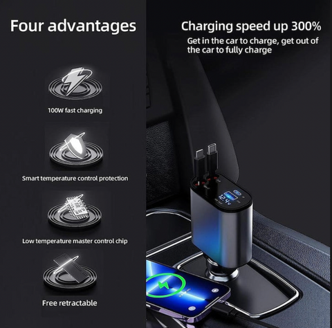 Car Multi-functional Charger:4-in-1 Retractable Charging Cable