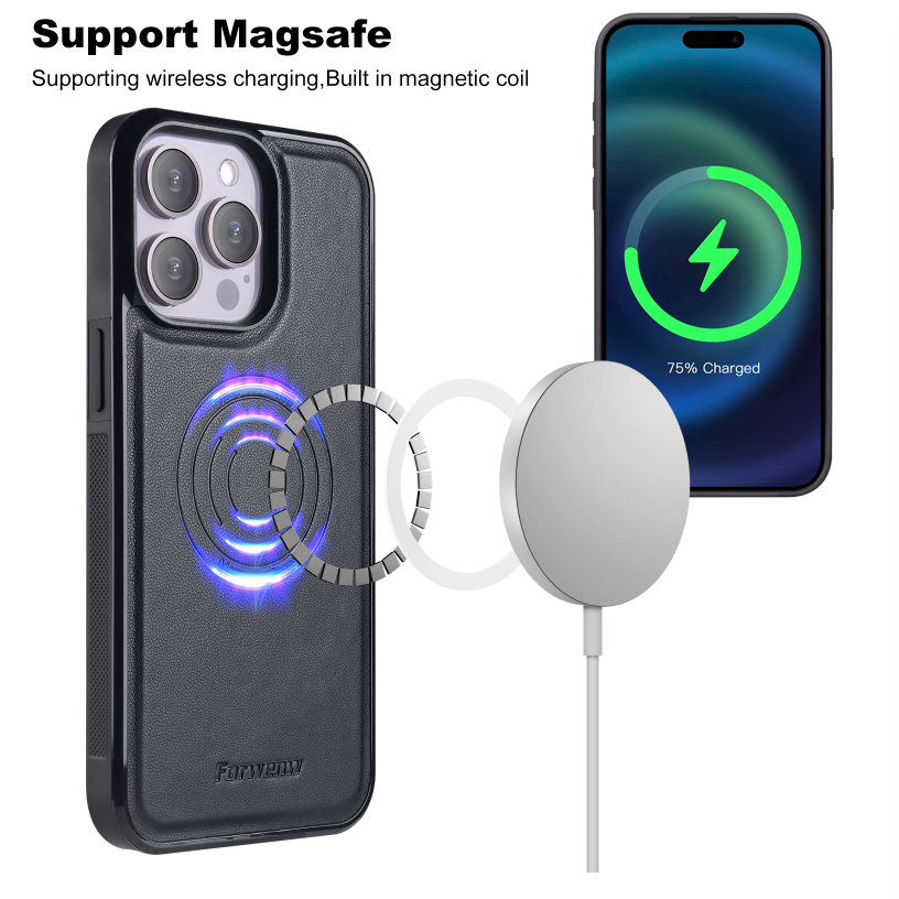 Executive Leather Cardholder Phone Case – Magnetic Charging & Built-In Stand