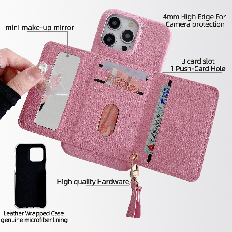 VogueSkin Wallet Case – Premium Leather, Card Holder & Hidden Makeup Mirror