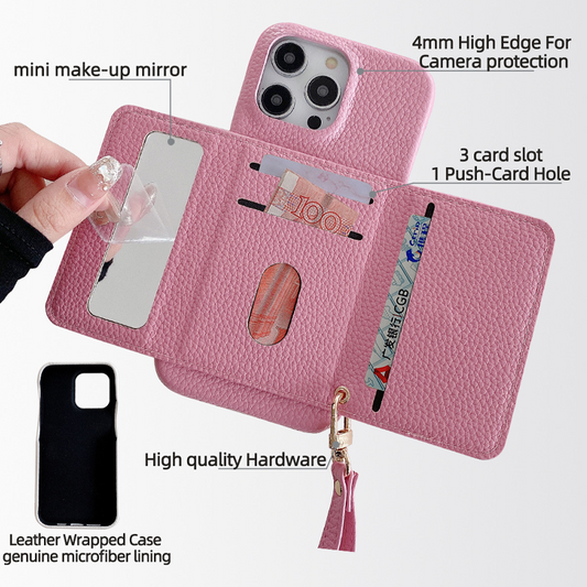 VogueSkin Wallet Case – Premium Leather, Card Holder & Hidden Makeup Mirror