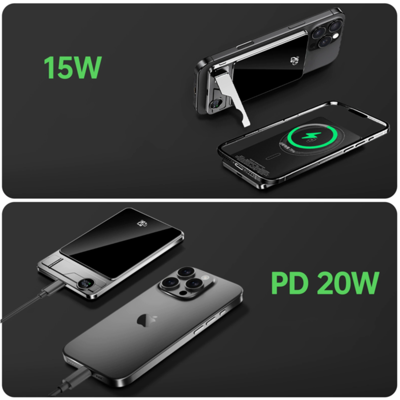Slim Power Bank with Stand – Magnetic Charging & Power Display