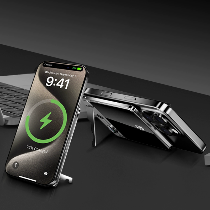 Slim Power Bank with Stand – Magnetic Charging & Power Display