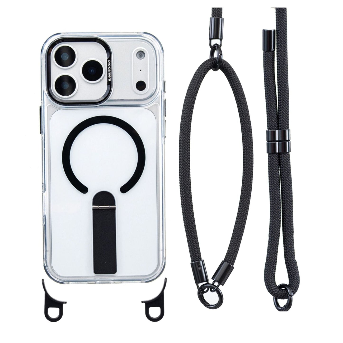 FlexStrap Convertible Clear Magnetic Kickstand Case with Lanyard for iPhone