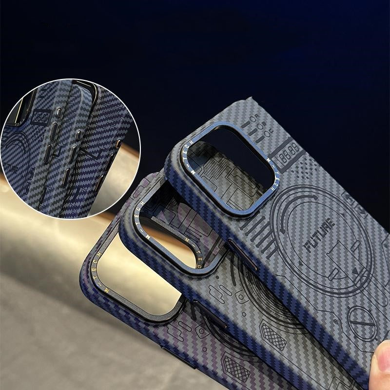 Premium Carbon Fiber Texture Phone Case with Metal Camera Ring Protection and Independent Metal Buttons