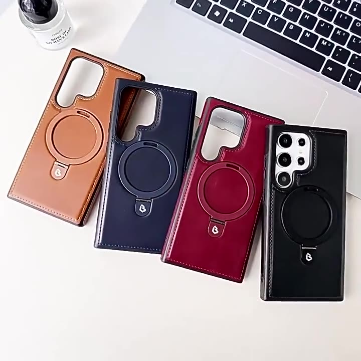 Magnetic Leather Phone Case with Kickstand and Wireless Charging Compatibility