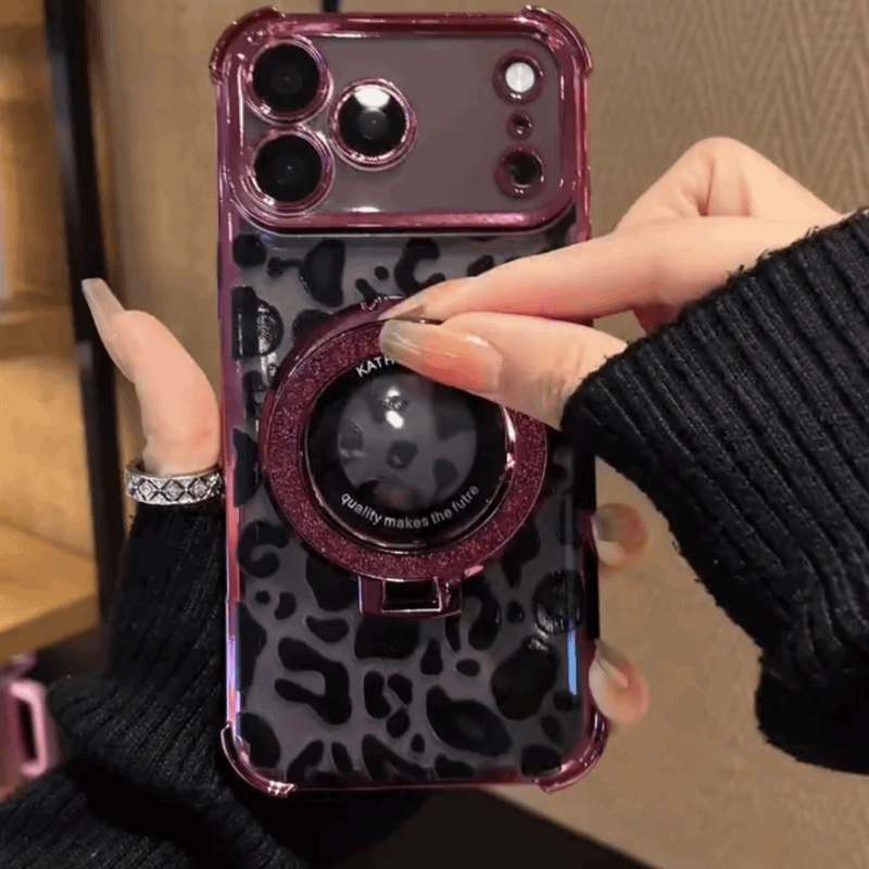 LeopaLuxe™ Leopard Print iPhone Case – Rhinestone Ring Grip & Kickstand