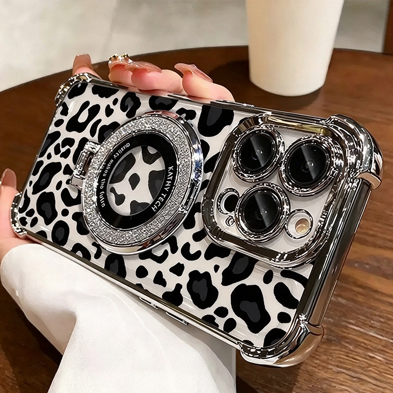 LeopaLuxe™ Leopard Print iPhone Case – Rhinestone Ring Grip & Kickstand