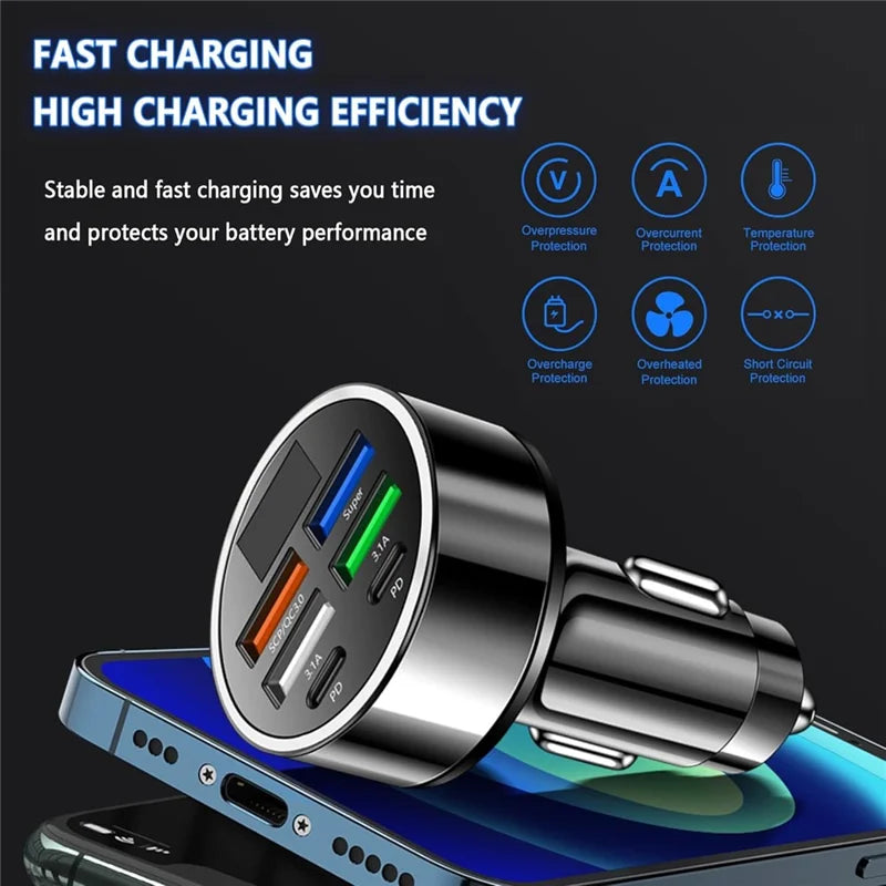 PowerNest™ 30W 6-Port Car Charger – USB-A & USB-C Fast Charging with LED Voltage Display