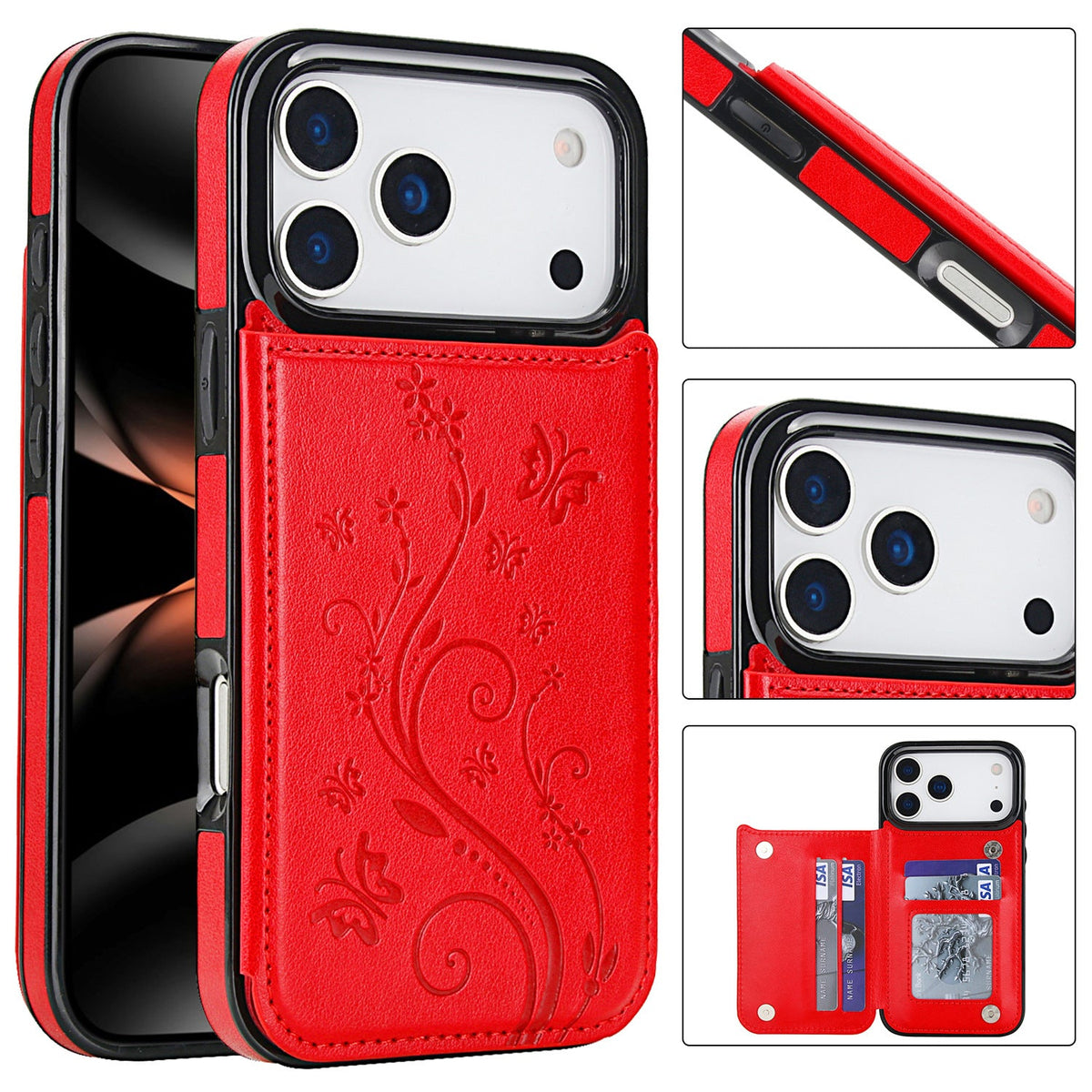 Embossed Butterfly Flower Wallet Case with Card Holder Stand for iPhone