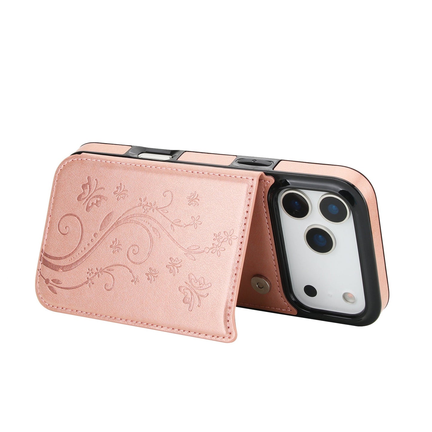 Embossed Butterfly Flower Wallet Case with Card Holder Stand for iPhone