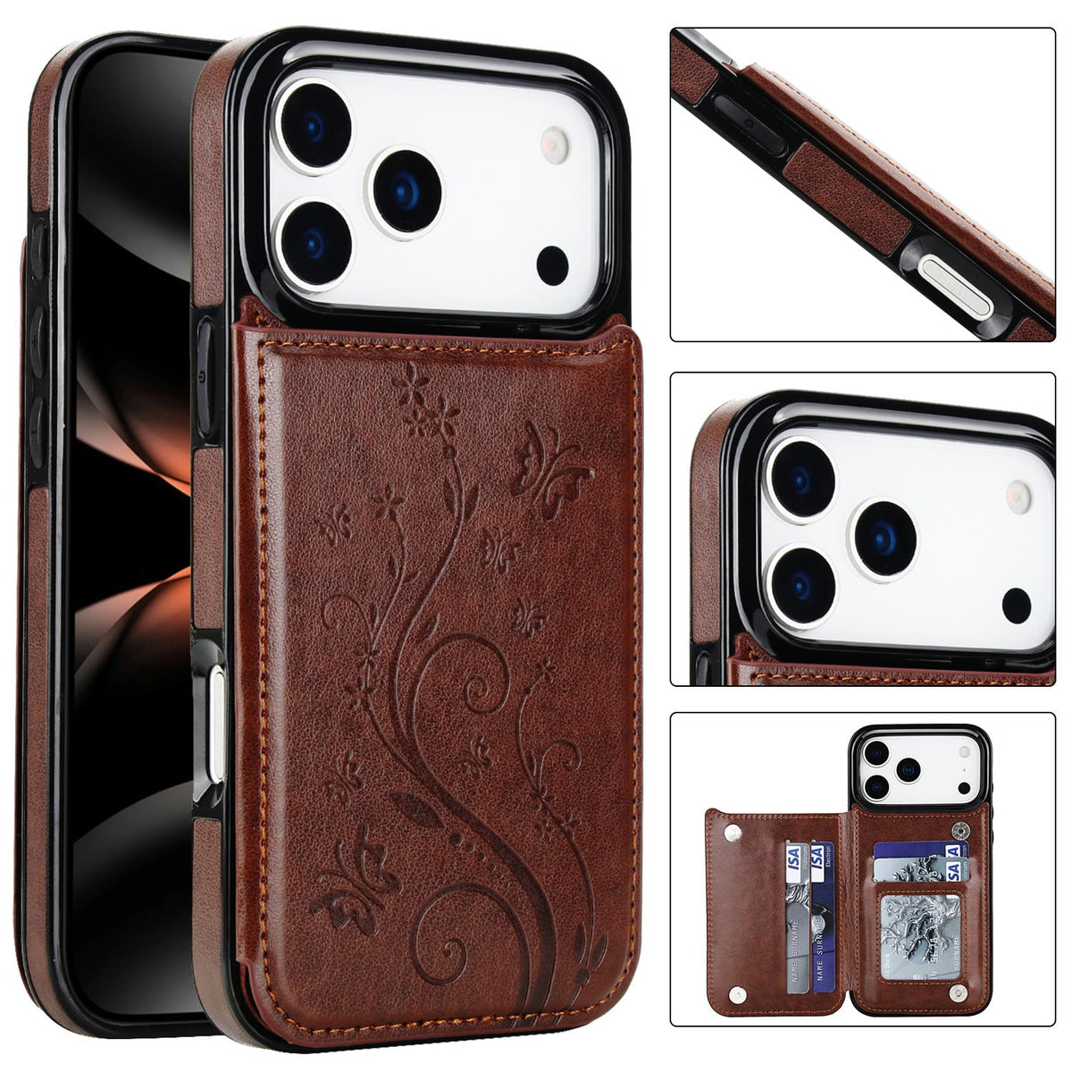 Embossed Butterfly Flower Wallet Case with Card Holder Stand for iPhone