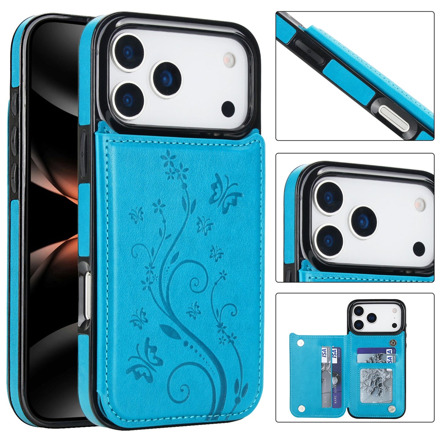 Embossed Butterfly Flower Wallet Case with Card Holder Stand for iPhone