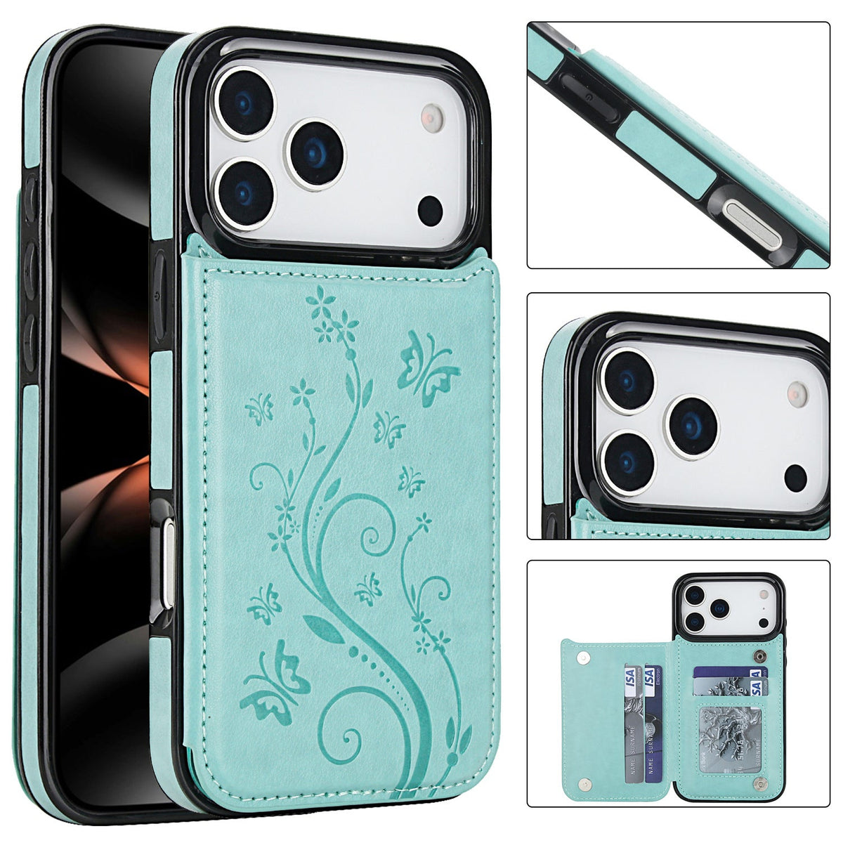 Embossed Butterfly Flower Wallet Case with Card Holder Stand for iPhone