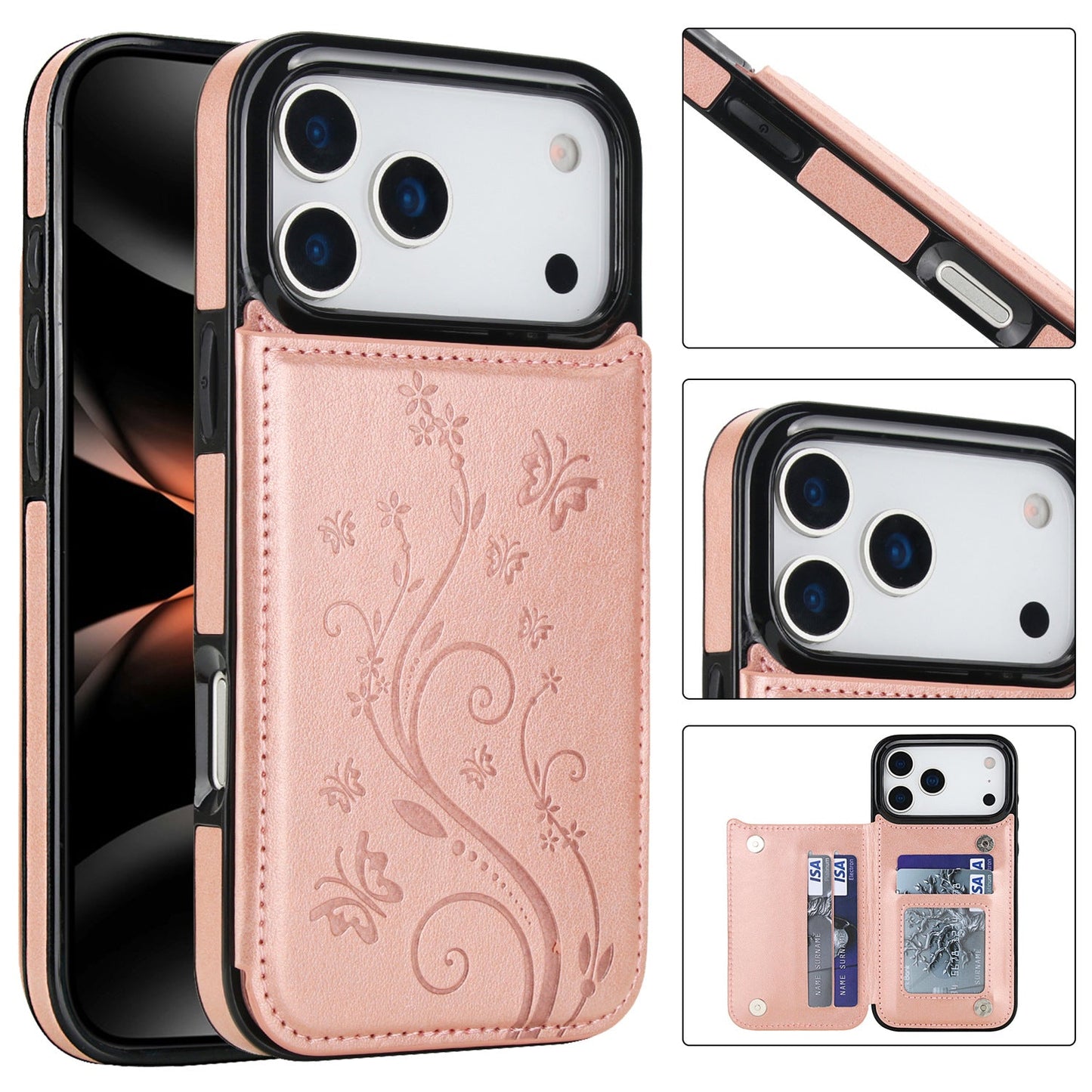 Embossed Butterfly Flower Wallet Case with Card Holder Stand for iPhone