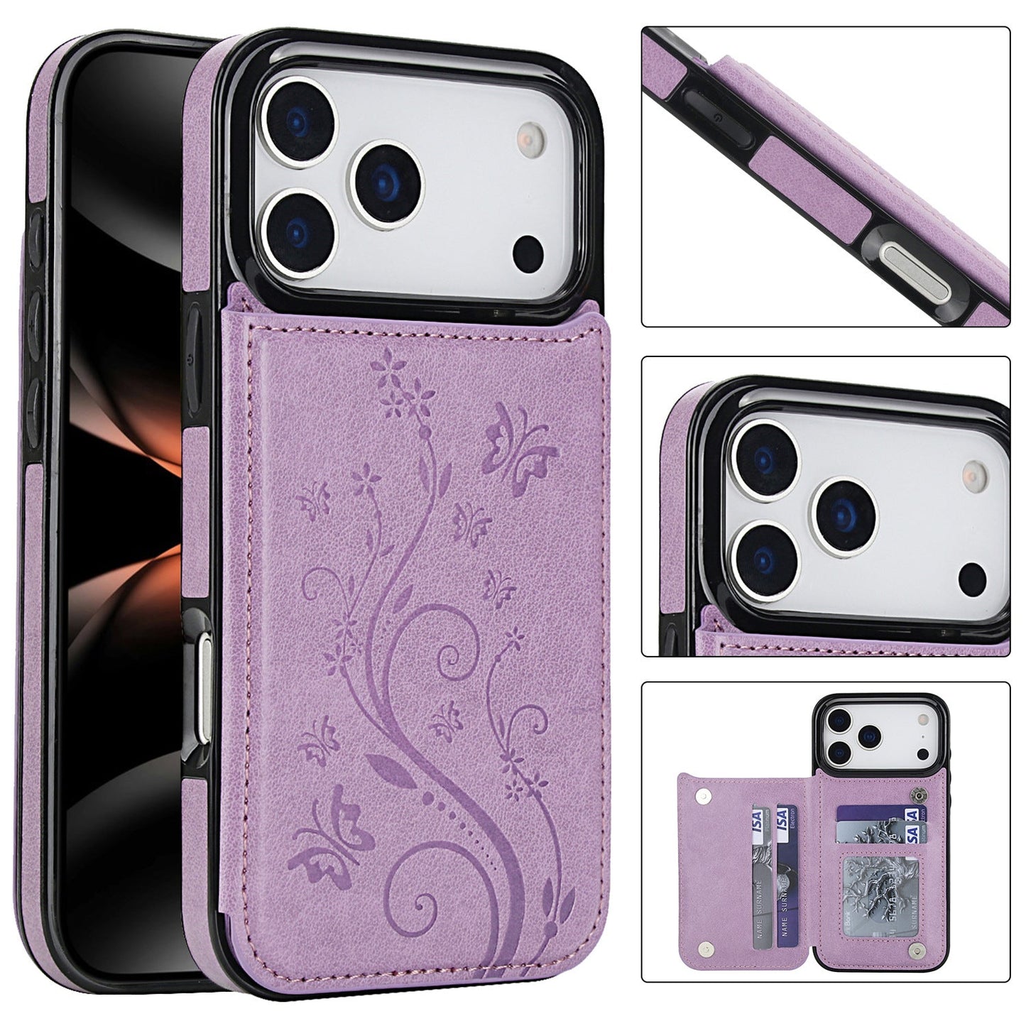 Embossed Butterfly Flower Wallet Case with Card Holder Stand for iPhone