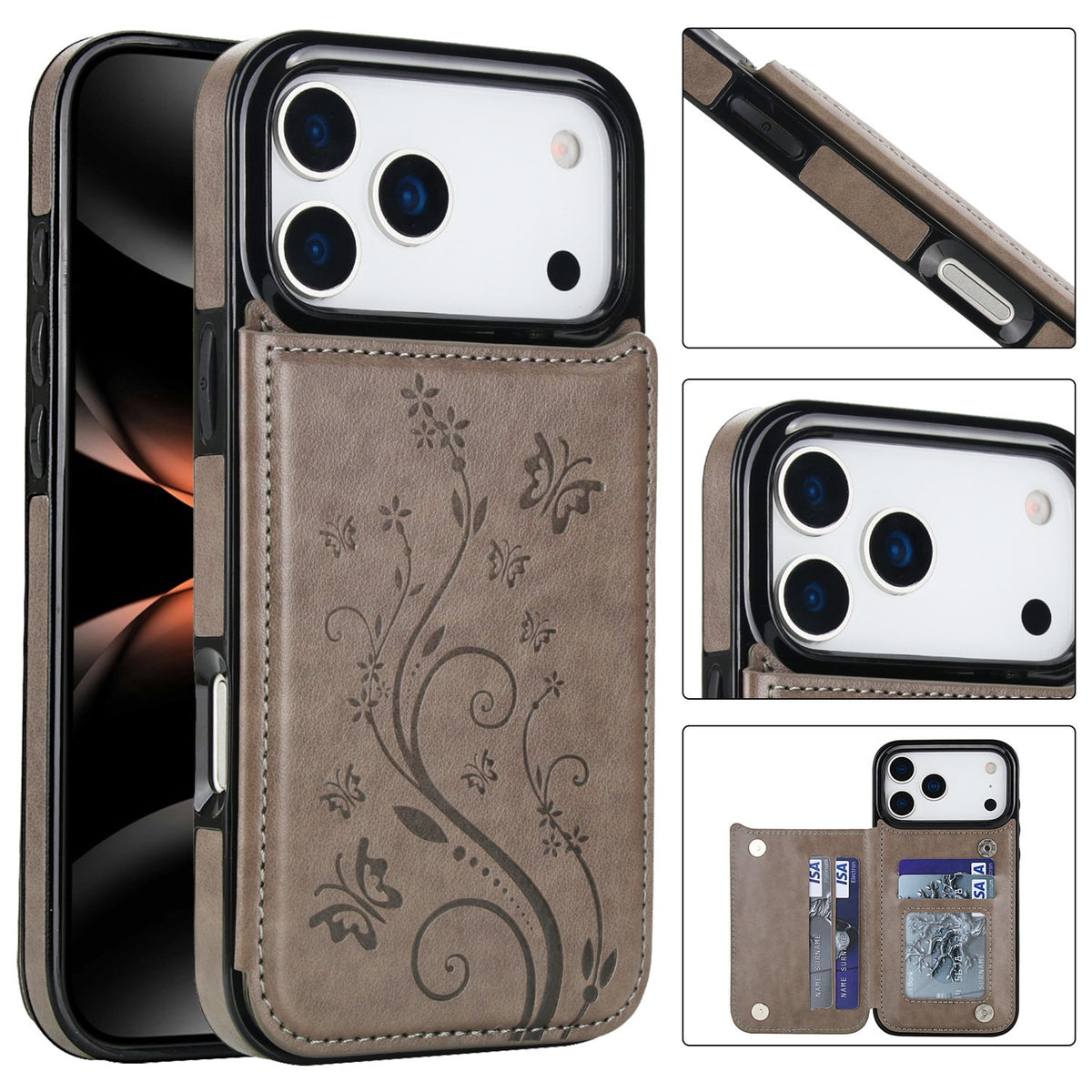 Embossed Butterfly Flower Wallet Case with Card Holder Stand for iPhone