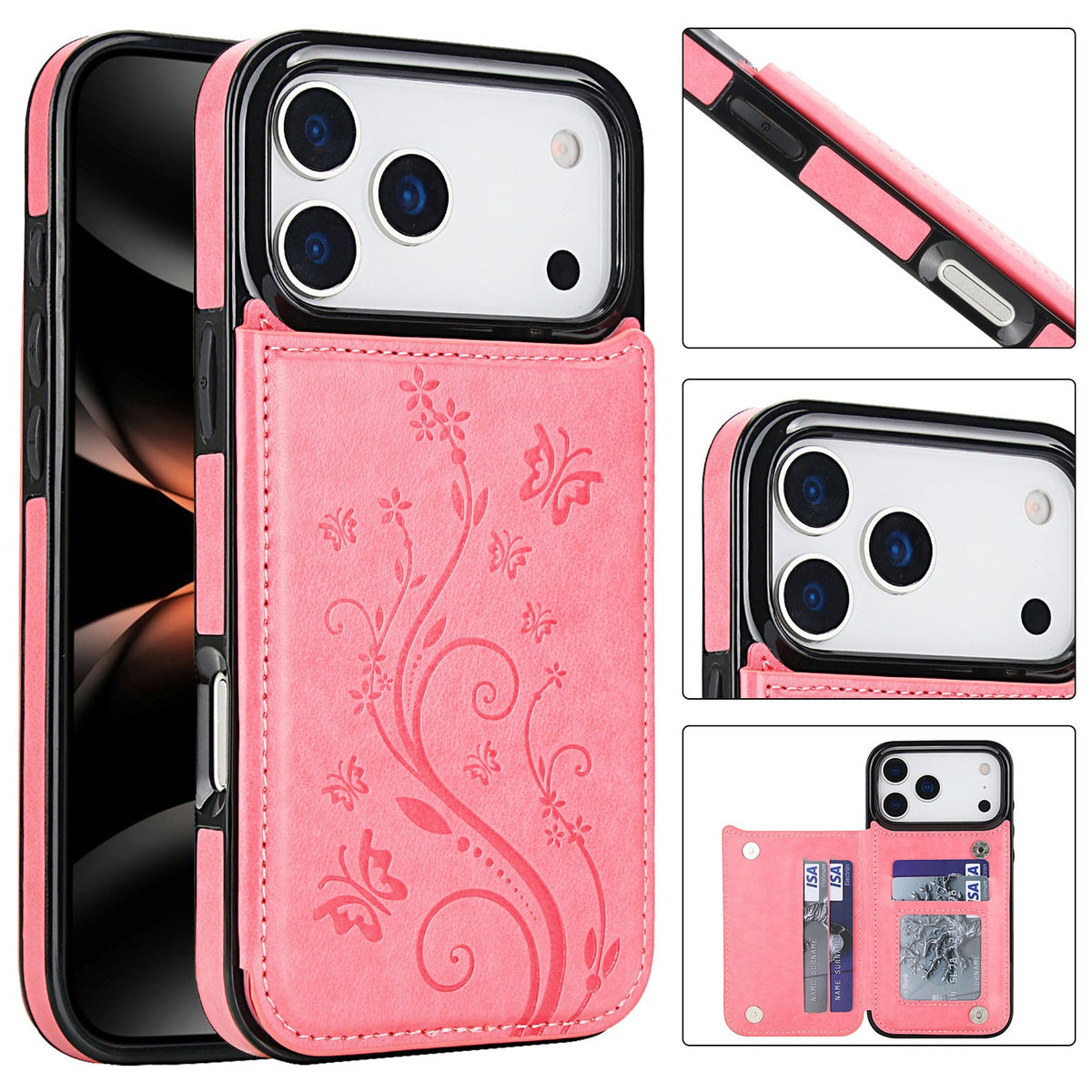 Embossed Butterfly Flower Wallet Case with Card Holder Stand for iPhone