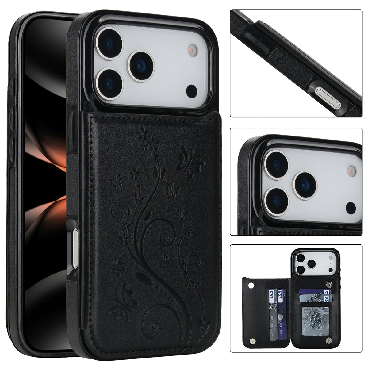 Embossed Butterfly Flower Wallet Case with Card Holder Stand for iPhone