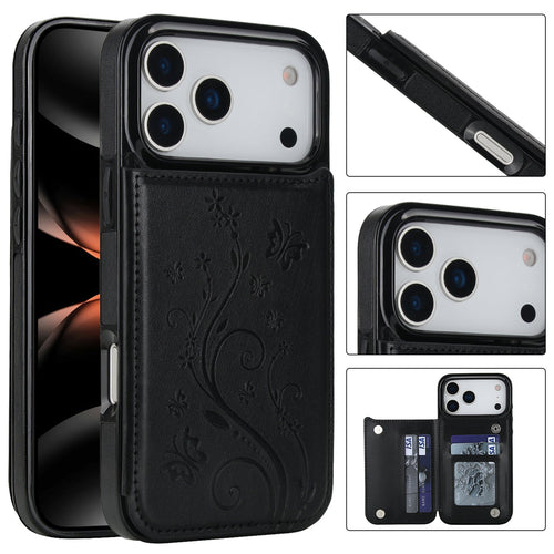 Embossed Butterfly Flower Wallet Case with Card Holder Stand for iPhone