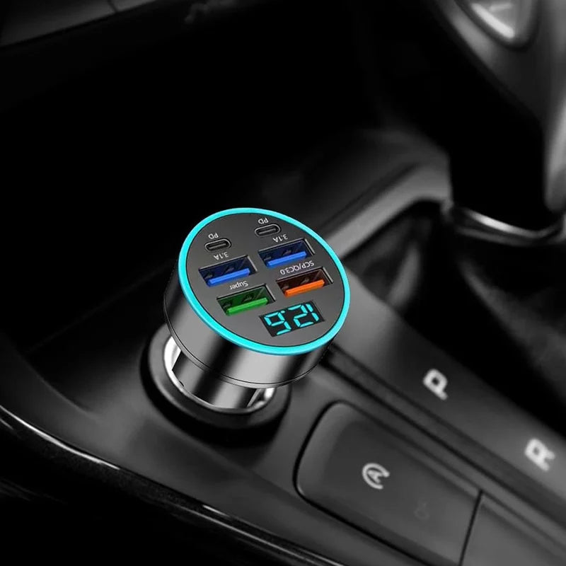 PowerNest™ 30W 6-Port Car Charger – USB-A & USB-C Fast Charging with LED Voltage Display