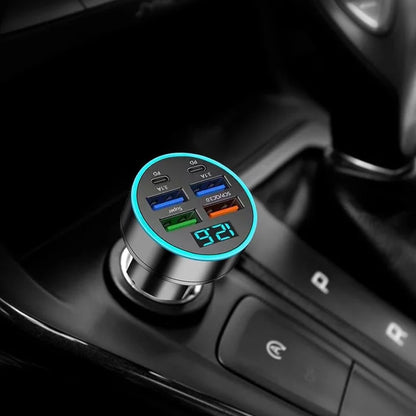 PowerNest™ 30W 6-Port Car Charger – USB-A & USB-C Fast Charging with LED Voltage Display