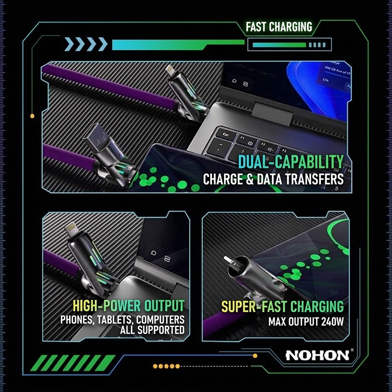 GlowCharge™ 240W Multi-Device Charging Cable – 4-in-1 Design with RGB Glow