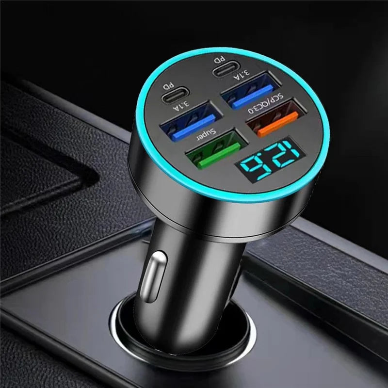 PowerNest™ 30W 6-Port Car Charger – USB-A & USB-C Fast Charging with LED Voltage Display
