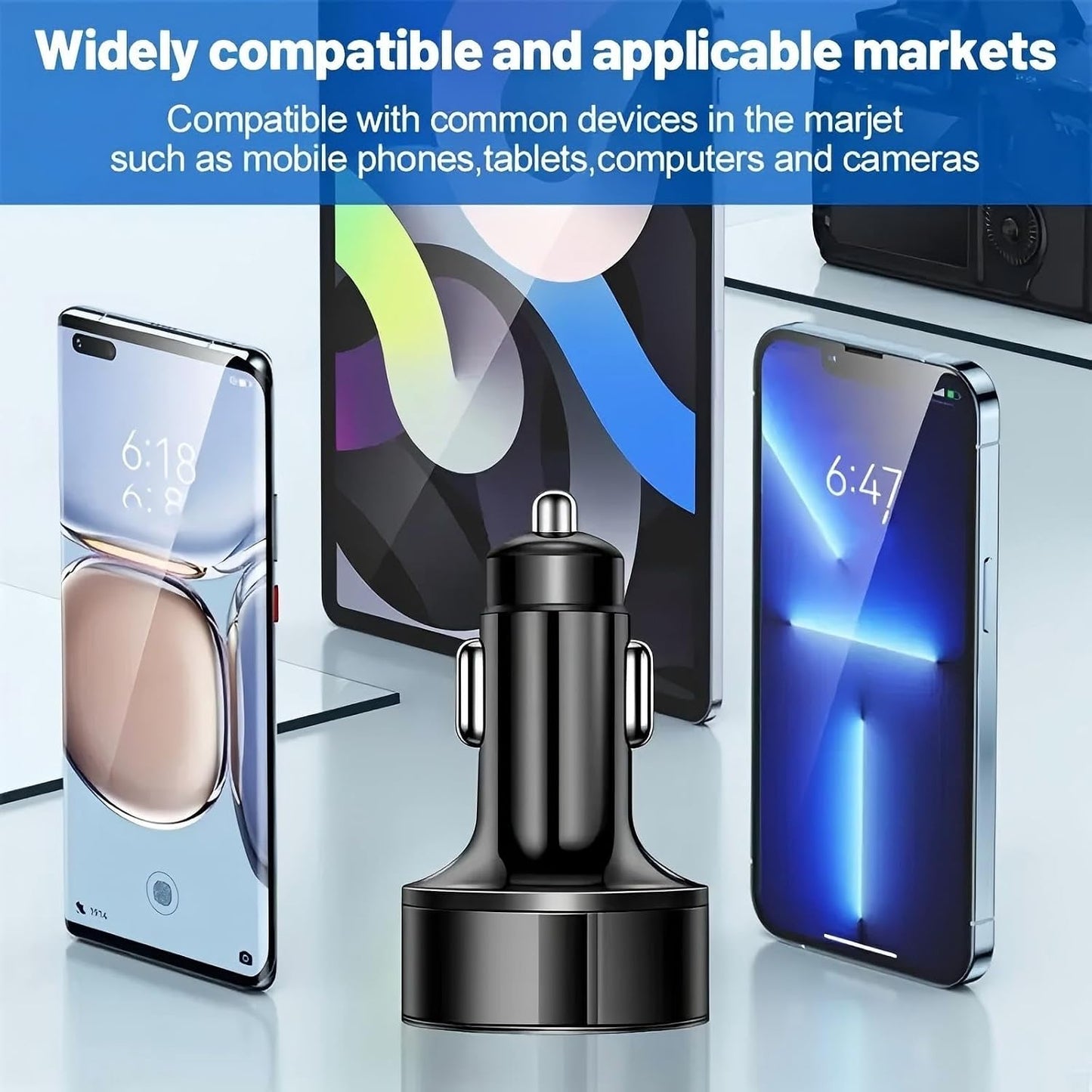 PowerNest™ 30W 6-Port Car Charger – USB-A & USB-C Fast Charging with LED Voltage Display