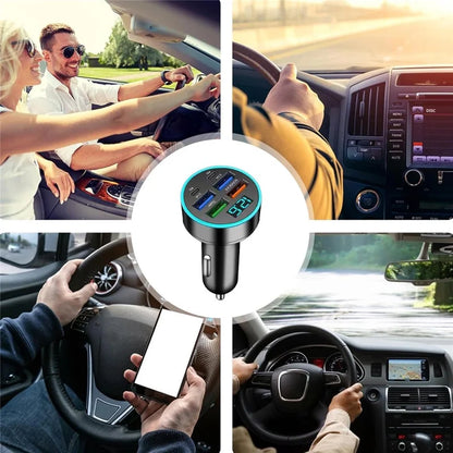 PowerNest™ 30W 6-Port Car Charger – USB-A & USB-C Fast Charging with LED Voltage Display