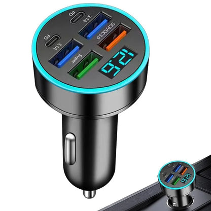 PowerNest™ 30W 6-Port Car Charger – USB-A & USB-C Fast Charging with LED Voltage Display