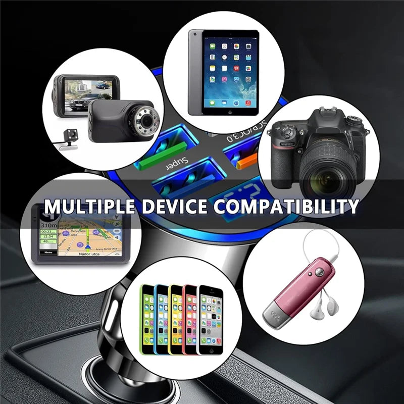 PowerNest™ 30W 6-Port Car Charger – USB-A & USB-C Fast Charging with LED Voltage Display