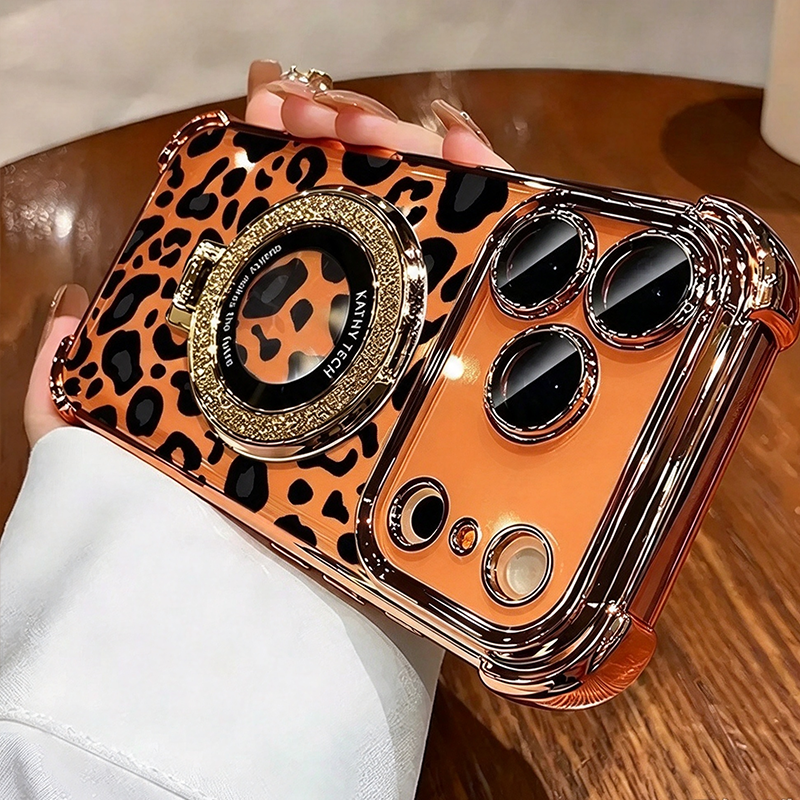 LeopaLuxe™ Leopard Print iPhone Case – Rhinestone Ring Grip & Kickstand