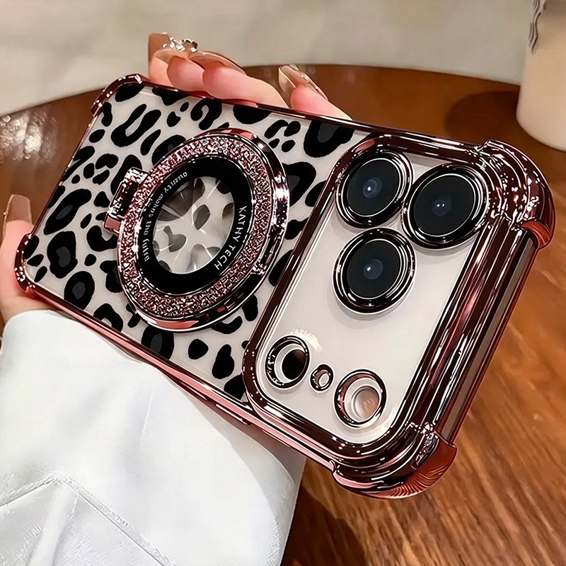 LeopaLuxe™ Leopard Print iPhone Case – Rhinestone Ring Grip & Kickstand