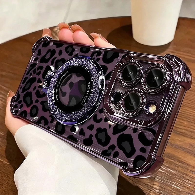 LeopaLuxe™ Leopard Print iPhone Case – Rhinestone Ring Grip & Kickstand