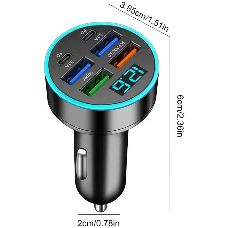 PowerNest™ 30W 6-Port Car Charger – USB-A & USB-C Fast Charging with LED Voltage Display