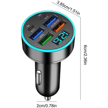 PowerNest™ 30W 6-Port Car Charger – USB-A & USB-C Fast Charging with LED Voltage Display