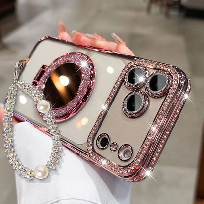PearlLuxe™ Crystal iPhone Case – Foldable Makeup Mirror & Pearl Bracelet Strap