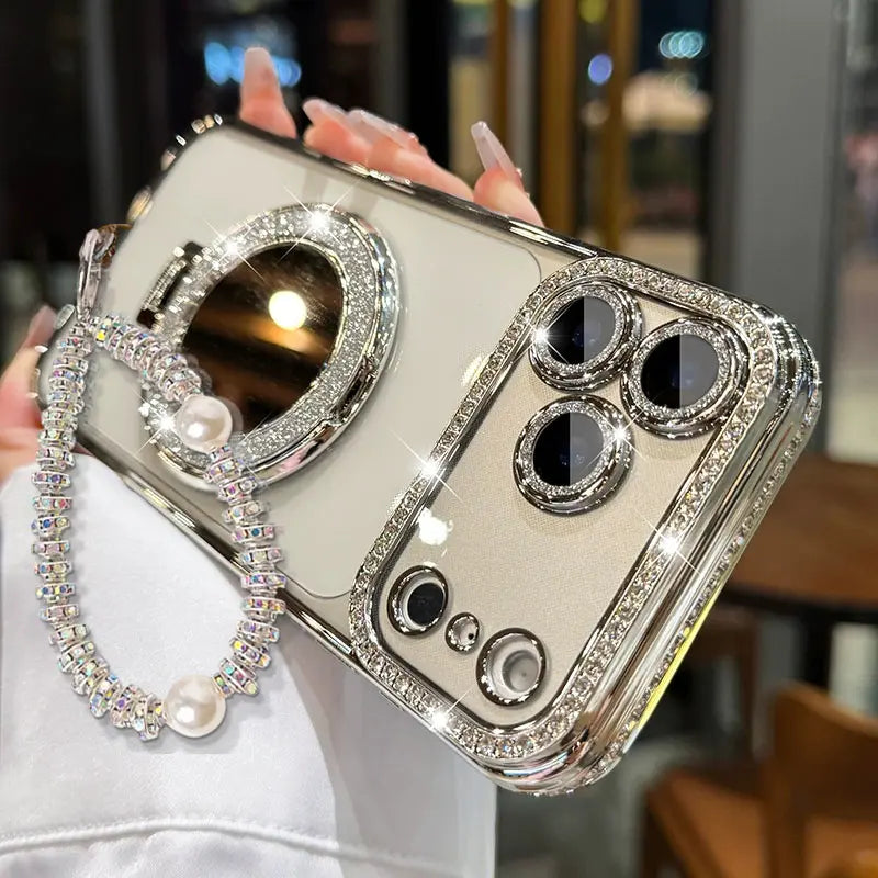 PearlLuxe™ Crystal iPhone Case – Foldable Makeup Mirror & Pearl Bracelet Strap