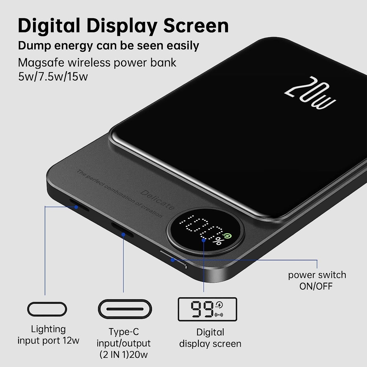 Magnetic & Wired Power Bank with Digital Screen