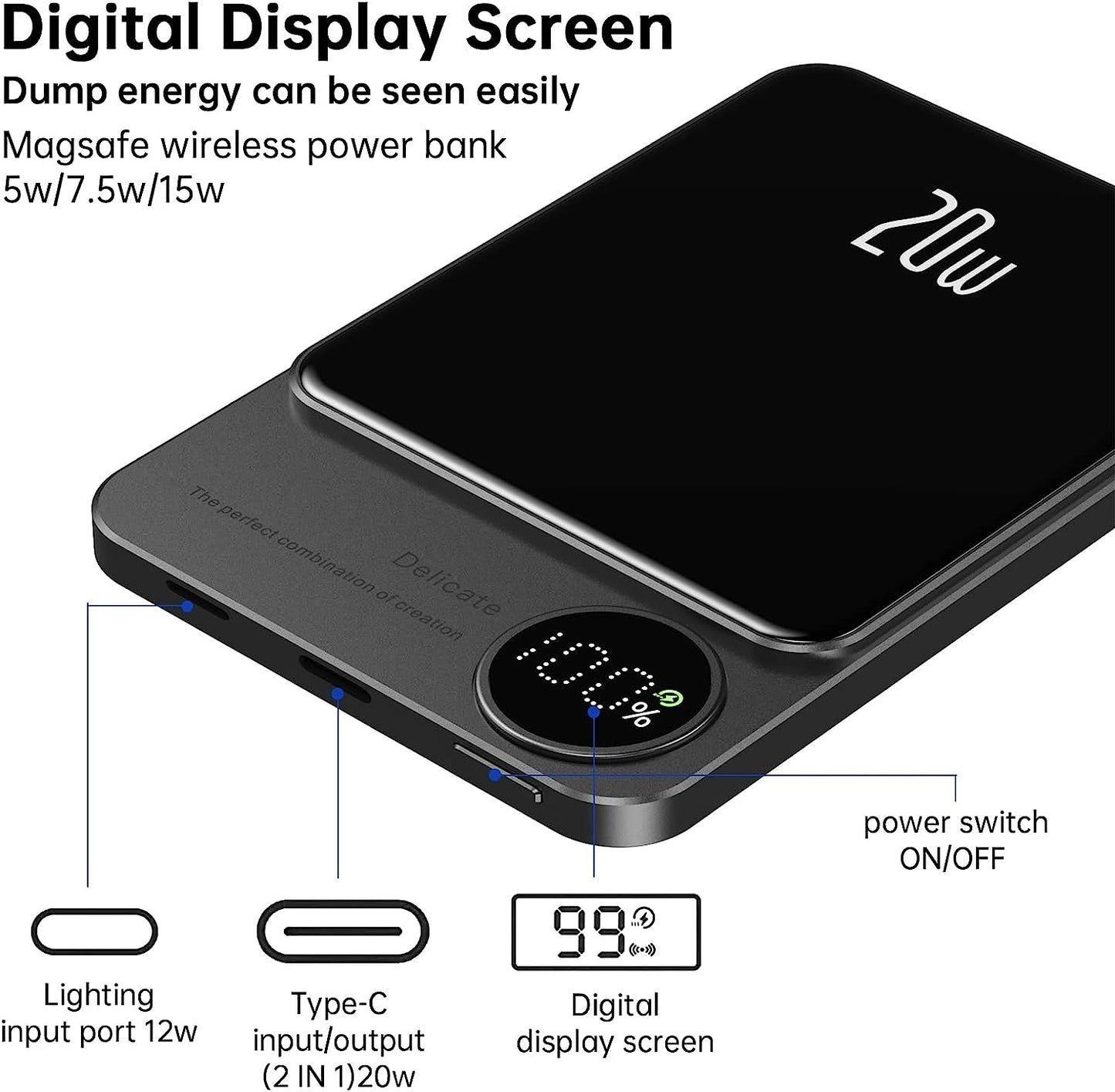 Magnetic & Wired Power Bank with Digital Screen